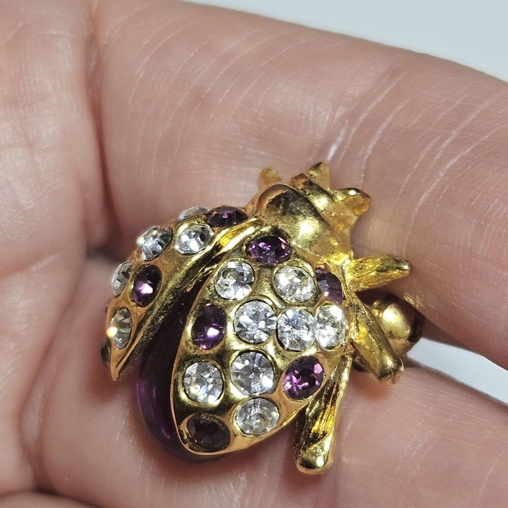 Vintage Purple Clear Rhinestone Miniature Ladybug Cabochon Brooch Gold Tone